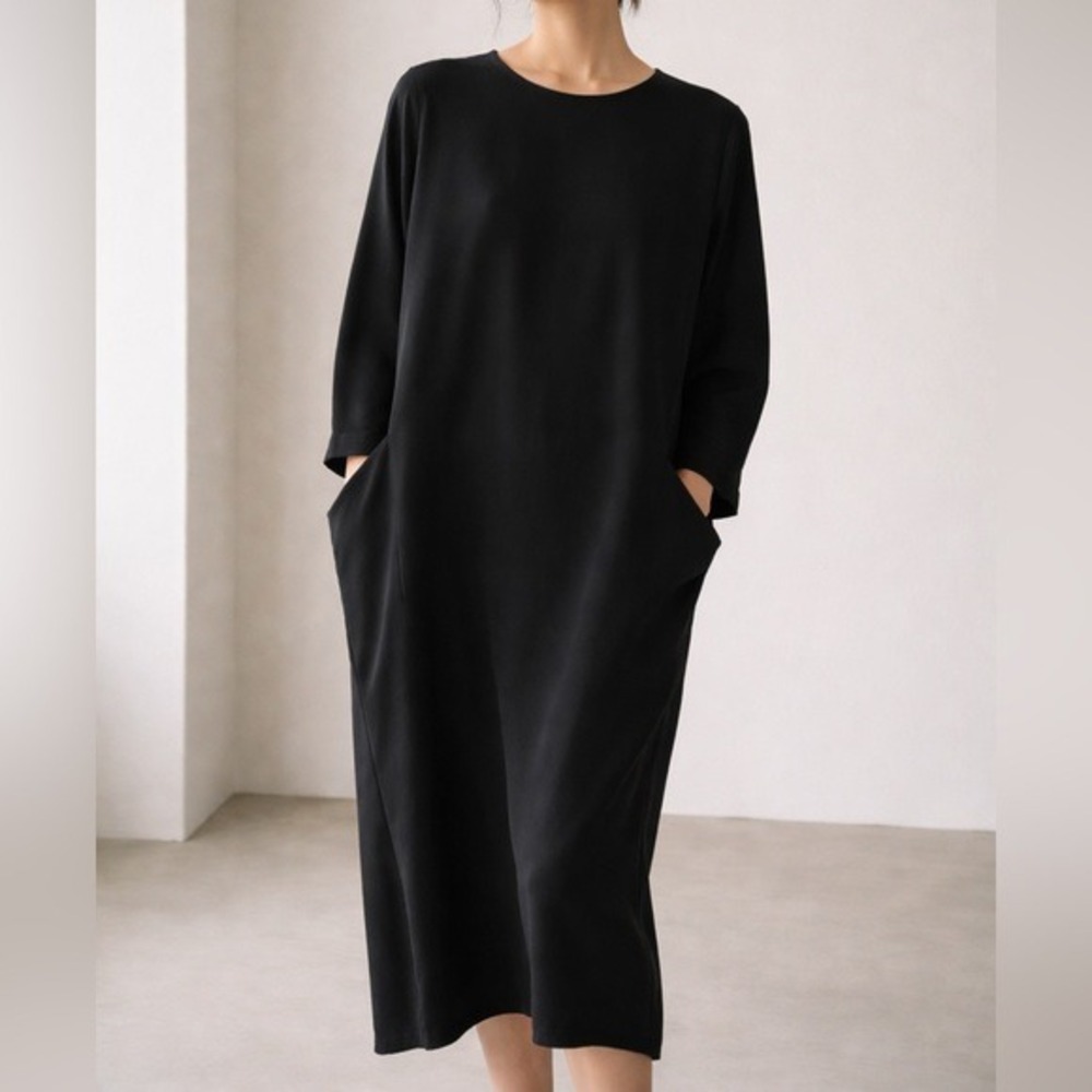100% Silk Evam Eva Japan Dolman Dress Black Med Avant Garde Slow Fashion Luxury